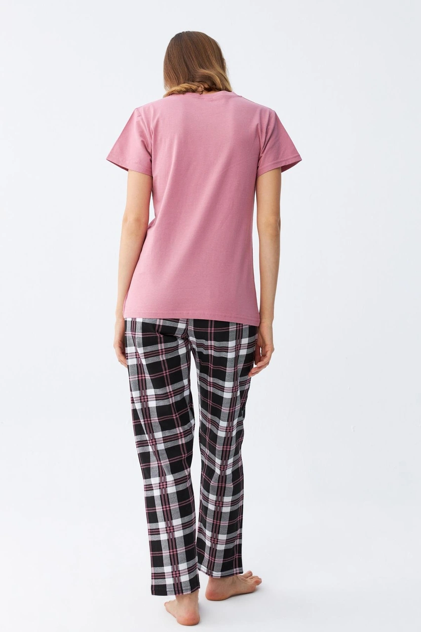 Akbeniz Kadın Somon Ayıcık Baskılı Ekoseli Penye Pijama Takımı SOMON