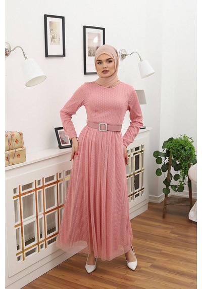 Neşeli Butik Kadın Puantiyeli Tesettür Elbise Rssn45 - Gül Kurusu