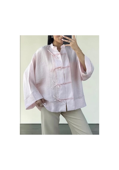 Fleurs Chic Yeni Model Geniş Kesim Kimono Gömlek Pudra