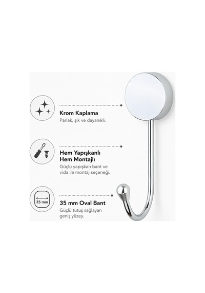 İris Krom Kaplama Tekli Askılık, Yapışkanlı Ve Vidalı Montajlı Duvar Askısı, 35 Mm Oval Bantlı Banyo Mutfak Antre Askısı Gri
