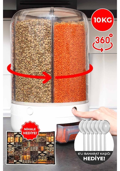10 Kg Kapasiteli Gıda Ve Bakliyat, Organizeri 360 Derece Dönebilen, Baharat Kaşığı Ve Nihale Hediye Beyaz
