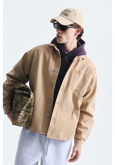 Vamos Oversize Denim Gömlek Bej