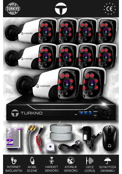 Turkno 10 Kameralı Pania 10 Dış Kamera Set HDD'siz Full HD Gece Görüşlü Güvenlik Kamerası Sistemi