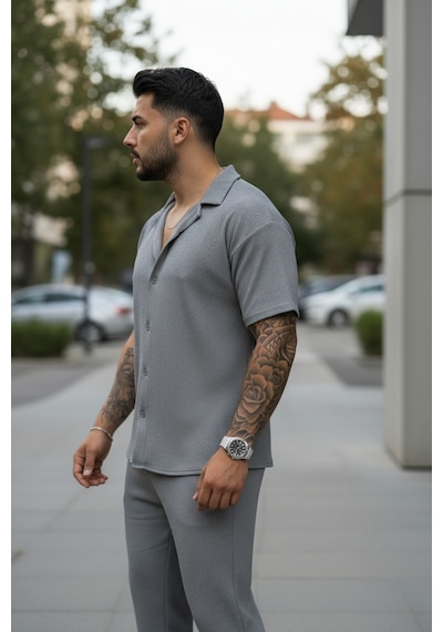 Fifty Color Unisex Trend Bürümcük Krinkıl Kumaş Yazlık Likralı Kısa Kol Gömlek Ve Eşofman Takım Gri