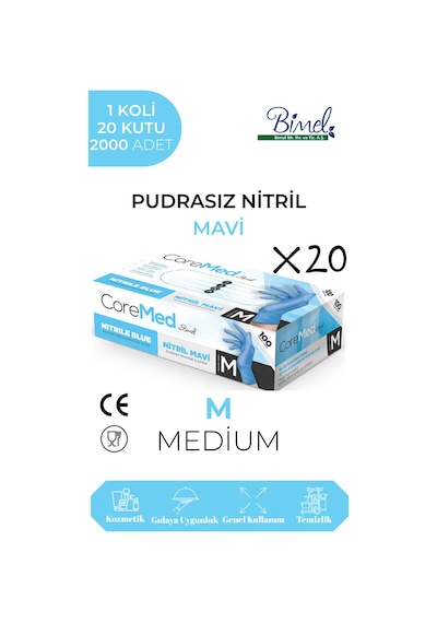 Nitril Mavi Pudrasız Muayene Eldiveni M - 1 Koli-20 Paket-2000'li