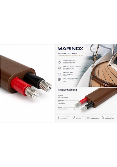 Marinox Marin Yassı Kordon Kalaylı Tekne Ve Yat Elektrik Kablosu 2x2,5 Mm² Deniz Tipi Esnek Kablo Kahverengi