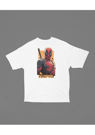 Film Kahramanı Deadpool Baskılı Unisex Oversize Marvel Tişört Beyaz