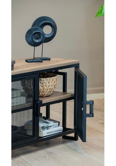 Uykula Tv Sehpası 90 Cm Metal Ayaklı Ahşap Üstlü Raflı Modern Tv Ünitesi Siyah