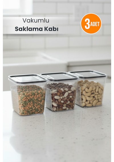 3'lü Şeffaf Sızdırmaz Vakumlu Erzak Saklama Kabı Bakliyat Saklama Kutusu 1,6 L Şeffaf
