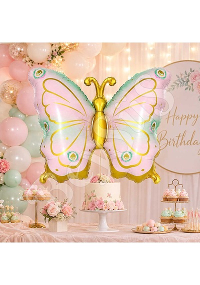 Kelebek Folyo Balon Pembe Yeşil Gold Çok Renkli
