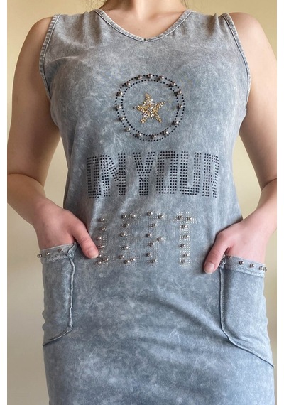 Mia Butik Kadın İtalyan Yıkamalı Kolsuz Gri Elbise-675 Gri