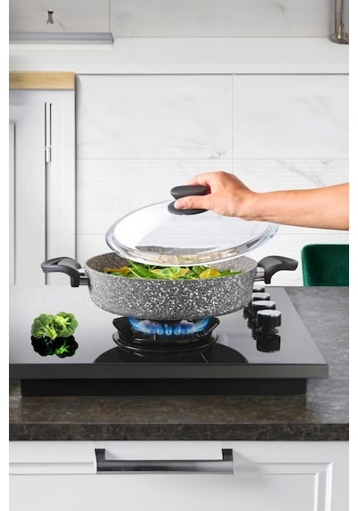 Diez 30 Cm Granit Basık Tencere Gri Yapışmaz Karnıyarık & Pilav Tenceresi Cam Kapaklı