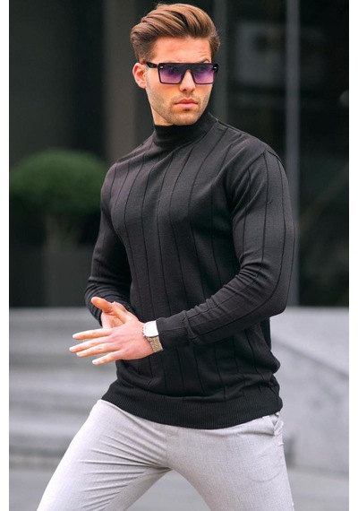 Madmext Siyah Slim Fit Yarım Balıkçı Yaka Çizgili Tüylenmeyen Erkek Triko Kazak 6344 Siyah