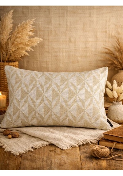 Krem Bej Geometrik Desenli Keten Kırlent Kılıfı 35x50 Cm Premium Collection Krem - Bej