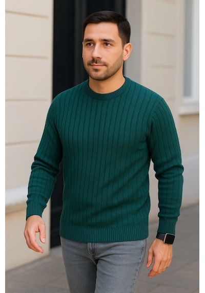 Veraura Lifestyle Erkek Bisiklet Yuvarlak Yaka Triko Kazak Pamuklu Kalın Fitilli Dokuma, Regular Fit Uzun Kollu Kışlık Model - Haki