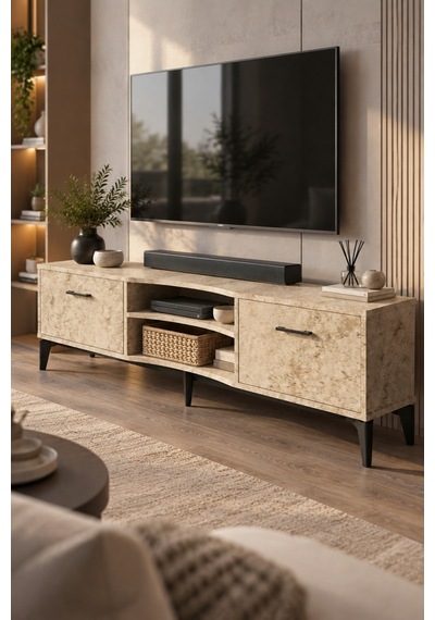 Sulorahome Ekru Traverten Desenli Suntalam Tv Sehpası 160x35 Cm