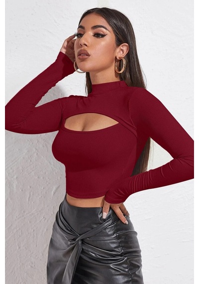 Kadın Bordo Göğüs Dekolteli Uzun Kollu Cut Out Crop Top Bluz