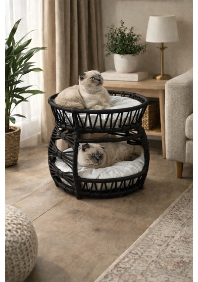 Galaxy Çift Katlı Kedi Yatağı Modern Rattan Tasarım, Yumuşak Minderli, İç Mekan Kedi Evi