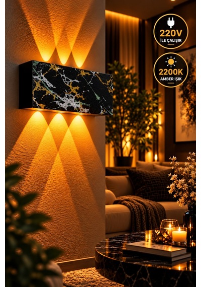 Siyah Gold Gümüş Yeşil Desenli 12w 2200k Amber Işıklı 3 Gözlü Yukarı Aşağı Dekoratif Duvar Apliği 16 Cm Amber Işık