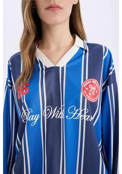 DeFacto Coool Oversize Geniş Kalıp Polo Yaka Baskılı Forma Kumaşı Uzun Kollu Tişört E5373AX25SPNV241 DeFacto Coool Oversize Geniş Kalıp Polo Yaka Baskılı Forma Kumaşı Uzun Kollu Tişört E5373AX25SPNV241