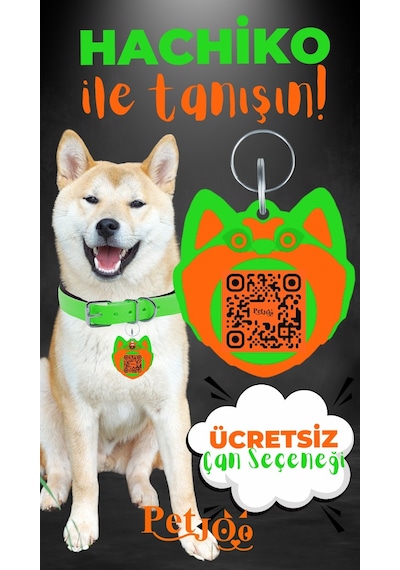 Petjoo 19.Hachiko Turuncu-Yeşil Qr'lı Köpek Künyesi