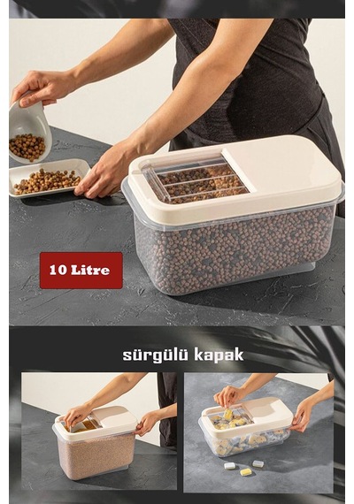 Sürgülü Kapaklı 10 Lt Erzak Bakliyat Un Şeker Saklama Kabı Krem