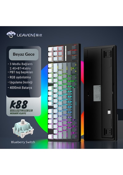 K88 Mekanik Oyun Klavyesi- 3 Modlu Hot Swap Rgb 4000 Mah Batarya + Gri Renk Coiled Klavye Kablosu