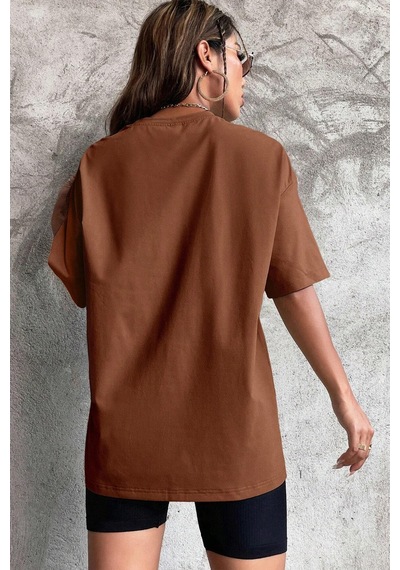 Unisex The Future Baskılı Oversize T-shirt Kahverengi