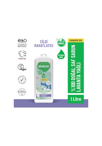 Siveno %100 Doğal Sıvı Kastil Sabun Lavanta Yağlı Cildi Rahatlatıcı Nemlendirici Bitkisel Vegan 1 L