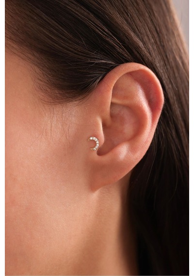 14 Ayar Altın Taşlı Hilal Tragus Küpe