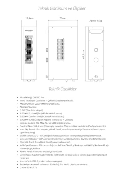 Onesso Pro 4000w Sessiz Elektrikli Fanlı Isıtıcı - 3 Modlu Termostatlı 40m²'ye Kadar Etkili, 2sn Hızlı Isınma, Ev & Ofis & Atölye 2 Yıl li