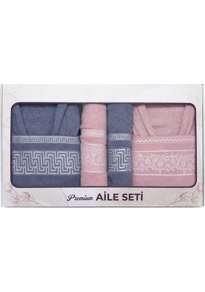 6 Parça Aile Bornoz Seti Yüksek Emici, Dayanıklı & Yumuşak Doku, %70 Pamuk %30 Polyester Mavi