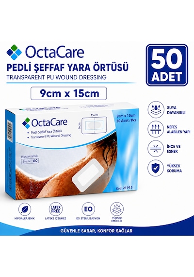 Octacare Su Geçirmez Pedli Şeffaf Pu Film Steril Yara Örtüsü 9cm 15cm 50 Adet
