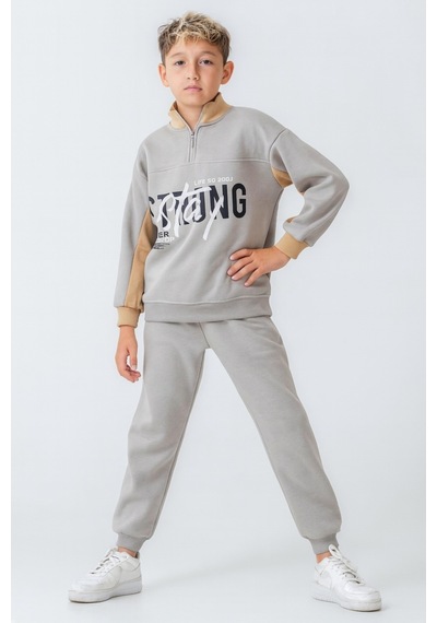 Ahengim Erkek Çocuk Brooklyn Stay Strong Baskılı 3 İplik Kalın Kışlık Eşofman Takımı Ak4225 Gri
