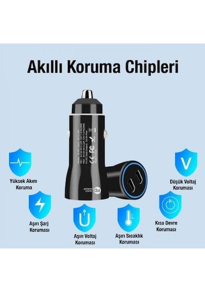 60w Turbo Araç Şarjı 2 Type-c Girişli Şarj Akım Korumalı Araç Çakmaklık Şarjı 12v-24v Araç Şarj