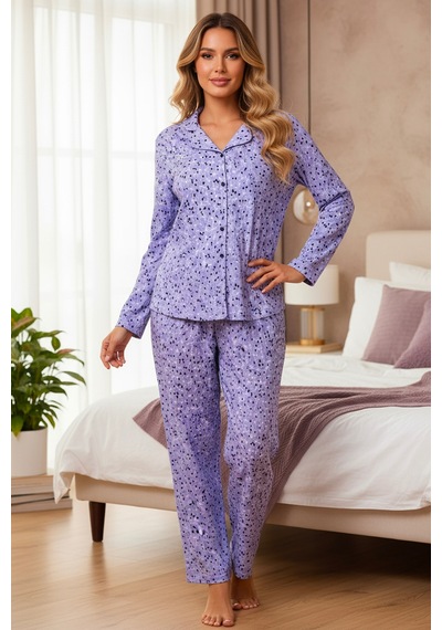 Süet Gömlek Pijama Takımı 7106 Çiçekli Lila LILA