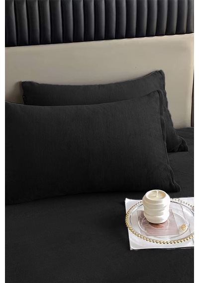 Kadife Kumaş Battal Çift Kişilik Fitted Lastikli Çarşaf Takımı 180x200+30 Cm Siyah