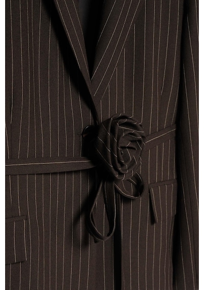 Kadın Acı Kahve Çizgili Gül Detaylı Blazer Acı Kahve
