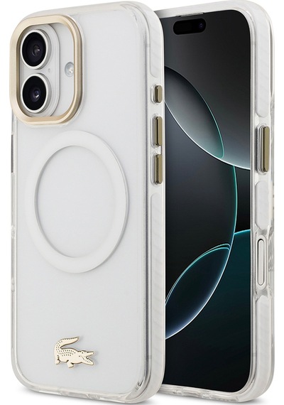 Apple Uyumlu iPhone 17 Kılıf Lacoste Lisanslı M-safe Şarj Özellikli Gold Timsah Logolu Buzlu Kapak Beyaz Beyaz