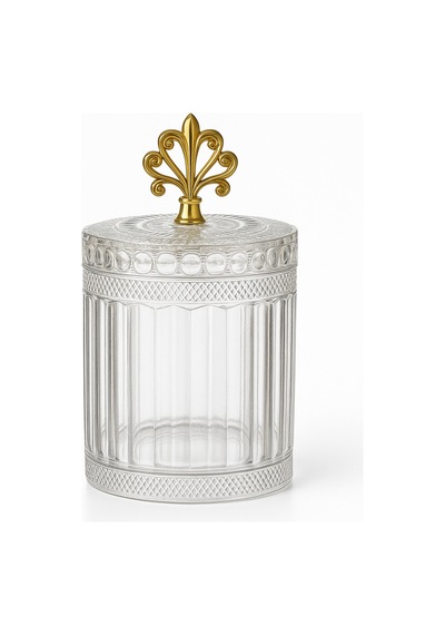 Köşeli Desen Gold Metal Kulplu Tekli Kapaklı Büyük Boy Cam Kavanoz - 1500 Ml. Beyaz