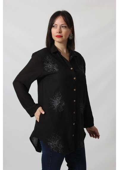 Moda Berray Sb-092 Siyah Gümüş Yaldızlı Güneş Desenli Kolu Apoletli Yandan Cepli Tunik Gömlek Kadın Büyük Beden Siyah Moda Berray Sb-092 Siyah Gümüş Yaldızlı Güneş Desenli Kolu Apoletli Yandan Cepli Tunik Gömlek Kadın Büyük Beden Siyah