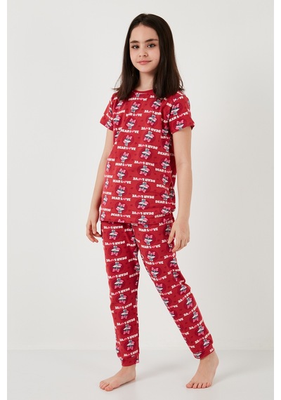 Lela % 100 Pamuk Bisiklet Yaka Kısa Kollu Kız Çocuk Pijama Takımı 6651004 Kırmızı