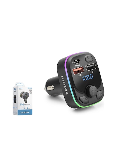 Nodar Nd1100 Bluetooth 5.3 Fm Transmitter Pd 20w Şarj Cihazlı Led Ekranlı Rgb Aydınlatmalı Siyah