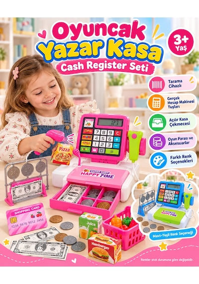 Oyuncak Barkod Okuyucu Yazar Kasa Hesap Makineli Cash Register Süpermarket Kasiyer Oyunu Alışveriş Seti Pembe