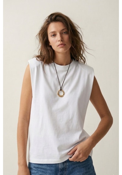 Elemge %100 Pamuk Süprem Tok Kumaş Kadın Oversize Beyaz T-shirt Geniş Omuzlu Dökümlü Kolsuz Bol Kalıp