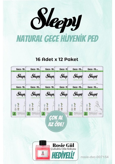 Sleepy 12 Paket Gece Natural 16'lı Hijyenik Ped Ve Rosie Oda Kokusu