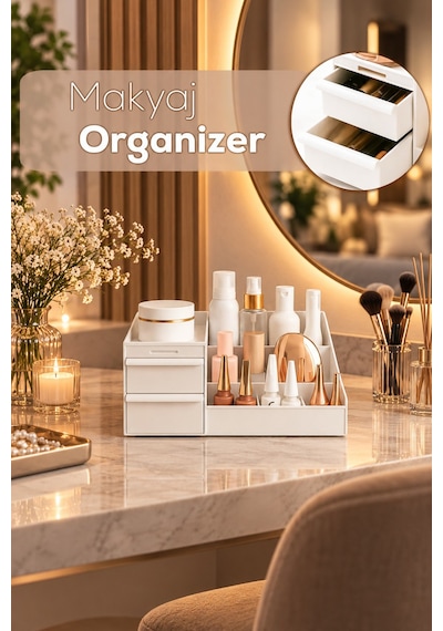 Porsima 5303 Çok Amaçlı Organizer 2 Çekmeceli Kozmetik Parfüm Krem Takı Makyaj Düzenleyici Beyaz