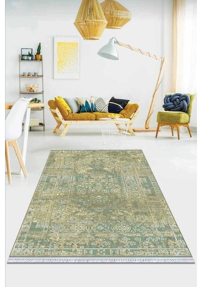 Yeşil Vintage Dokuma Pamuk Tabanlı Kaymaz Kilim Klm101n11