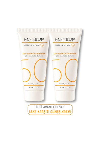 Maxeup Glutatyon Etkili Leke Karşıtı Tüm Ciltler İçin Yüksek Korumalı Güneş Kremi SPF50+ 2 x 50 ML