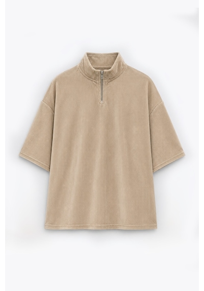 Yarım Fermuarlı Oversize Fitilli Tişört Camel